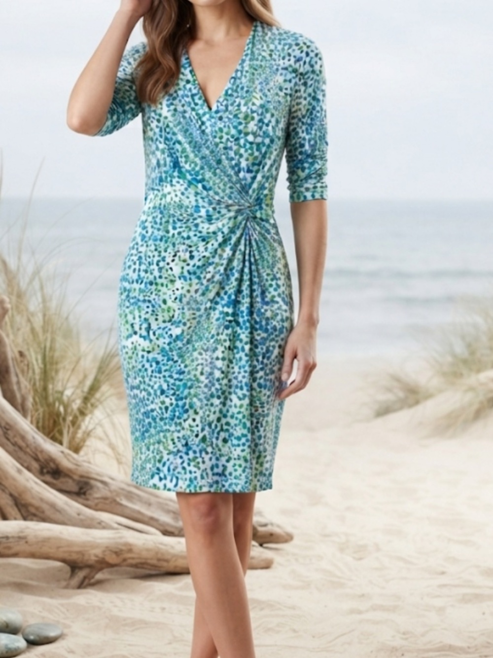 Hale Bob Twist Front Stretch Dress Elbow Sleeves Lined V- Neck Blue Green Print